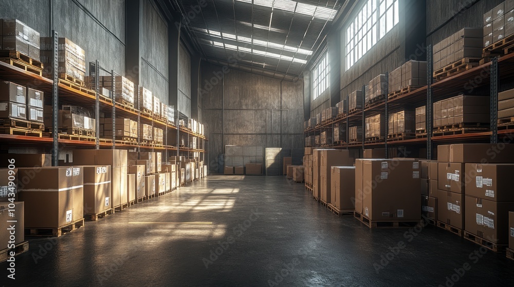 A large warehouse with rows of stacked cardboard boxes on pallets and shelves. Sunlight streams through the windows in the back wall, creating a dramatic effect on the otherwise empty space. A large warehouse with rows of stacked cardboard boxes on pallets and shelves. Sunlight streams through the windows in the back wall, creating a dramatic effect on the otherwise empty space.