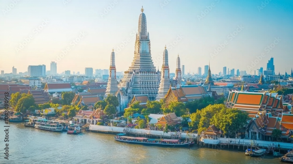 Obraz premium Scenic View of Wat Arun and River in Bangkok