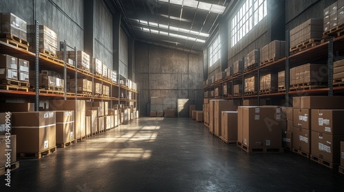 A large warehouse with rows of stacked cardboard boxes on pallets and shelves. Sunlight streams through the windows in the back wall, creating a dramatic effect on the otherwise empty space.