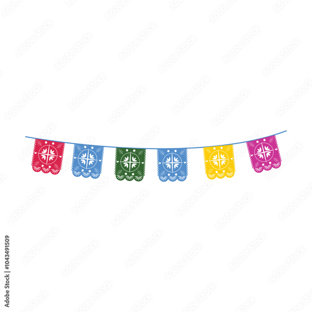 Vibrant Dia de los Muertos garland with traditional papel picado banners in various colors.