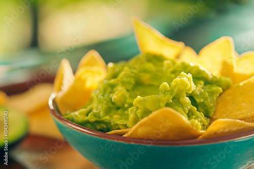 guacamole with nacho chips in a bowl, mexican dish photo