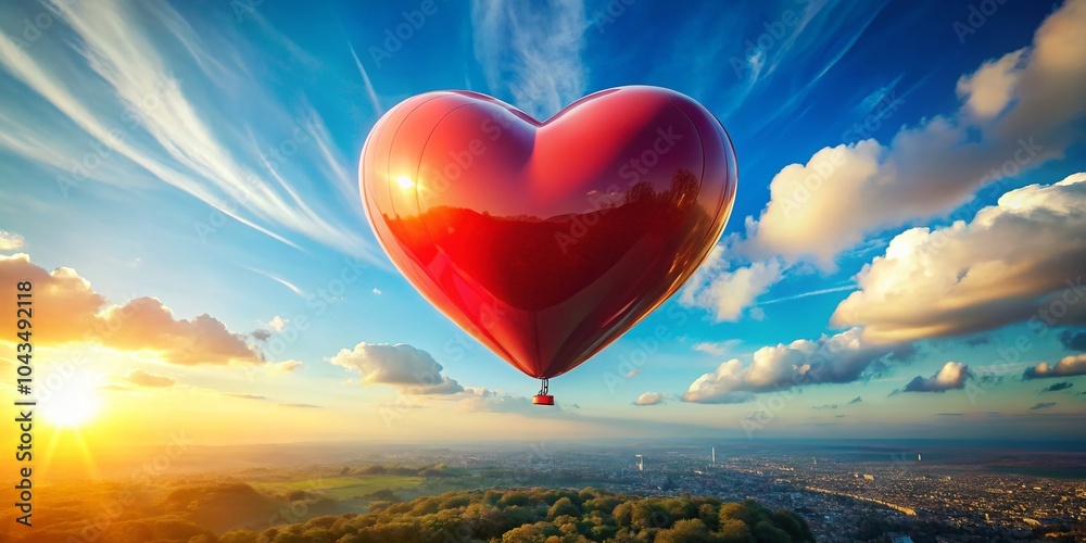 Fototapeta premium Aerial View of a Giant Heart Shaped Balloon in a Clear Blue Sky, Perfect for Romantic Themes and