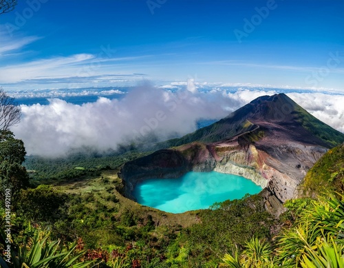 Volcano Poas with Turquoise crater lake in the rainforest of Costa Rica photo