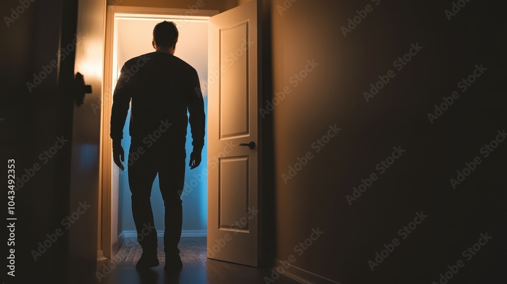 Fototapeta premium A silhouette of a person stands at an open door, illuminated by soft blue light, creating a mysterious and intriguing atmosphere.