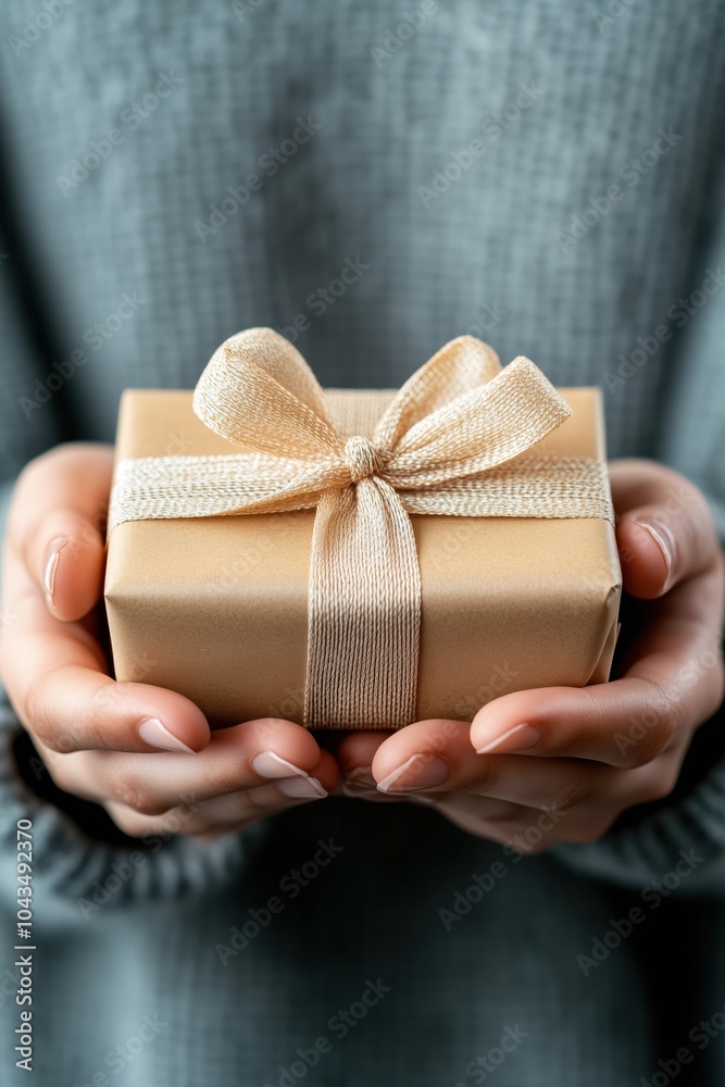 A person offers a beautifully wrapped gift with an elegant ribbon in a cozy indoor setting A person offers a beautifully wrapped gift with an elegant ribbon in a cozy indoor setting