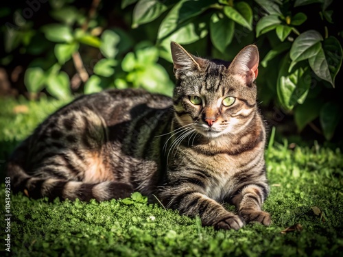 Wallpaper Mural Aerial View of a Relaxed Tabby Cat Resting on Lush Green Grass for Nature and Pet Lovers Torontodigital.ca