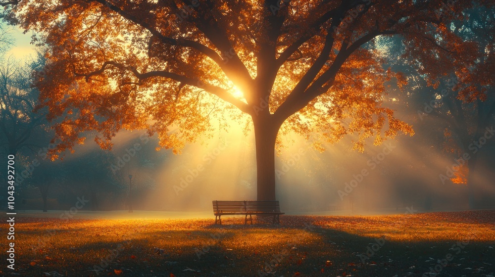 A lone bench sits beneath a majestic tree with golden leaves, bathed in the warm glow of a setting sun. The scene is serene, peaceful, and evokes a sense of tranquility. A lone bench sits beneath a majestic tree with golden leaves, bathed in the warm glow of a setting sun. The scene is serene, peaceful, and evokes a sense of tranquility.