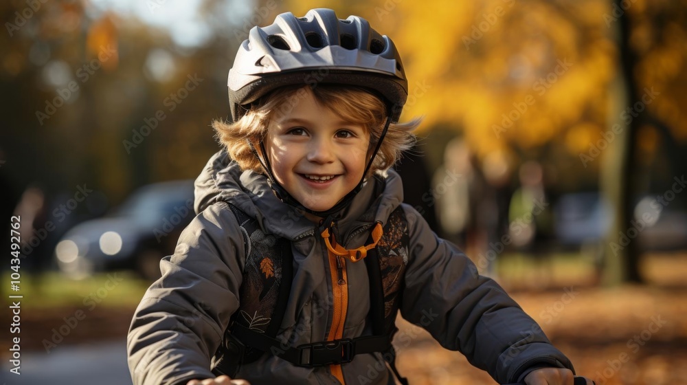 A young boy is smiling and wearing a helmet while riding a bike A young boy is smiling and wearing a helmet while riding a bike