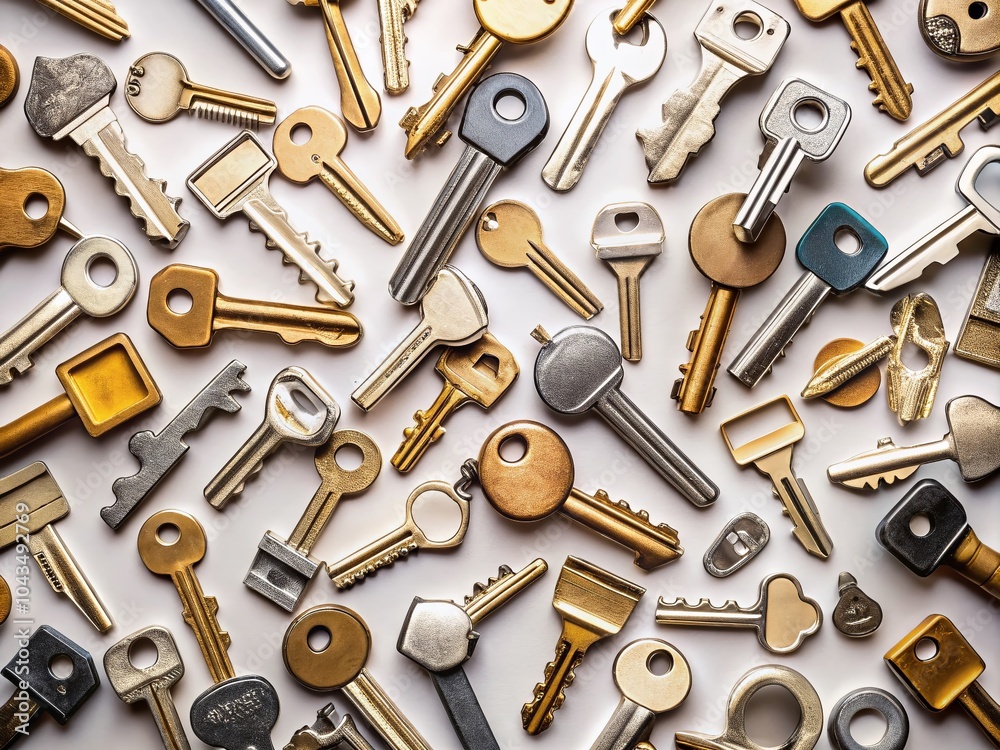 Aerial View of a Set of Keys on a White Background for Real Estate and Security Concepts Aerial View of a Set of Keys on a White Background for Real Estate and Security Concepts