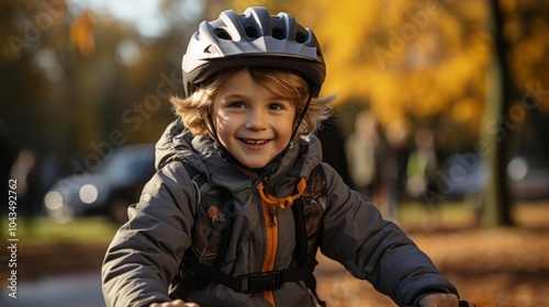 A young boy is smiling and wearing a helmet while riding a bike