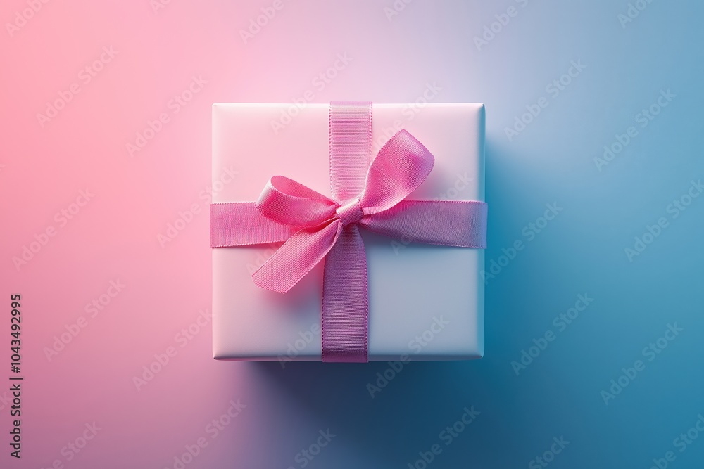 A beautifully wrapped gift box with a pink ribbon set against a soft gradient background A beautifully wrapped gift box with a pink ribbon set against a soft gradient background