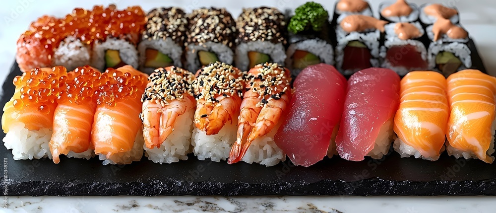 An elegant platter showcasing a variety of colorful sushi and sashimi, featuring salmon, shrimp, and exotic toppings, arranged beautifully on a dark slate board. An elegant platter showcasing a variety of colorful sushi and sashimi, featuring salmon, shrimp, and exotic toppings, arranged beautifully on a dark slate board.
