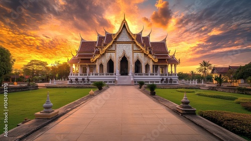 Majestic Temple Under a Vibrant Sunset Sky