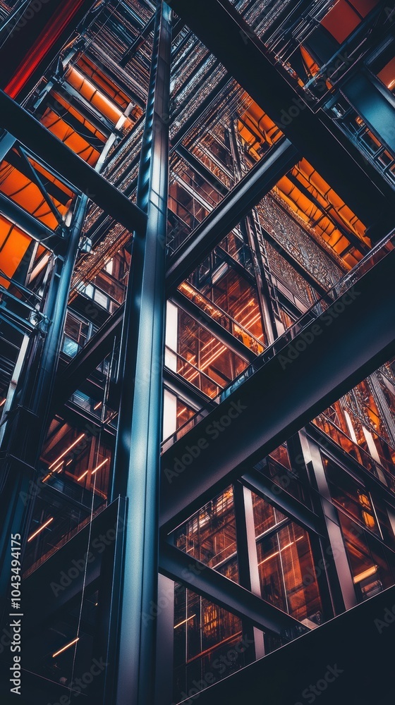 Modern building steel structure glass facade looking up perspective Modern building steel structure glass facade looking up perspective
