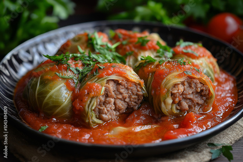 Balandėliai – Traditional Cabbage Rolls Stuffed with Ground Meat and Rice in Tomato Sauce photo