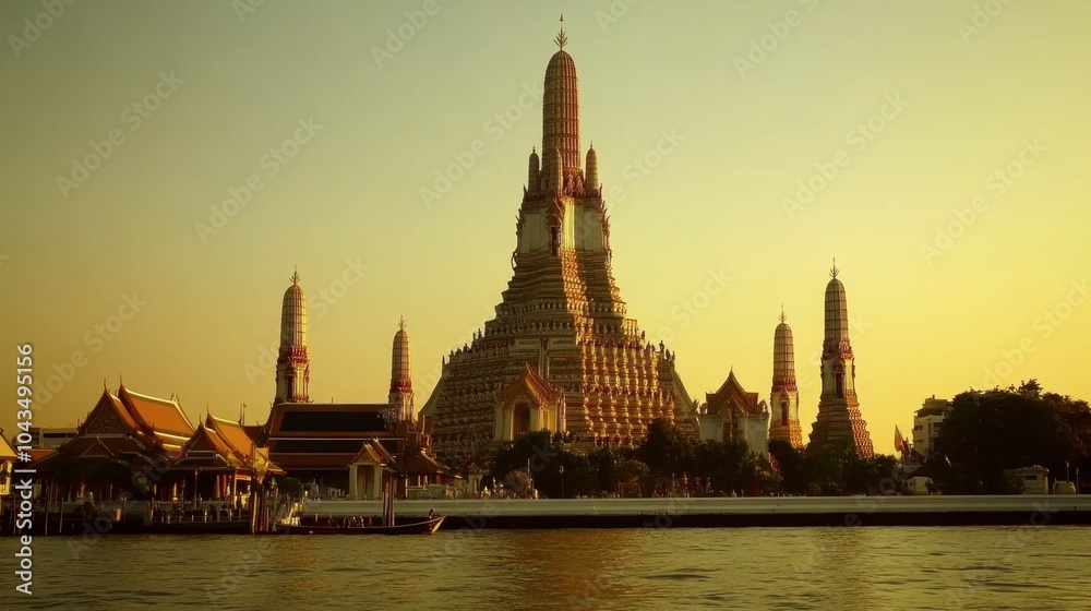 Naklejka premium Serene Sunset at Majestic Temple by Water