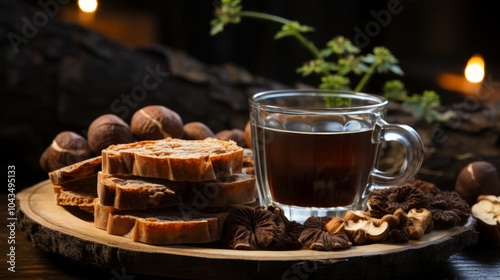 A wooden tray with a glass of coffee and a plate of cookies