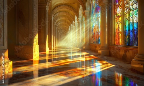 Light shines through stained glass windows.