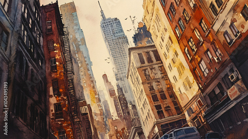 Watercolour cityscapes with tall buildings and urban reflections, modern metropolises and architectural landscapes, ideal for city life and urban exploration themes photo