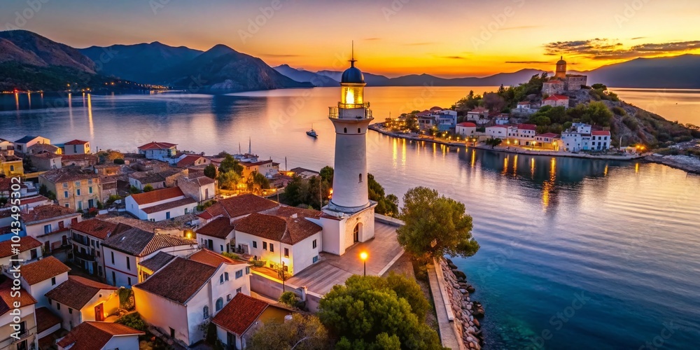 Naklejka premium Aerial View of Gytheio Town Lighthouse and Coastal Houses in the Peloponnese Region of Greece at Dusk