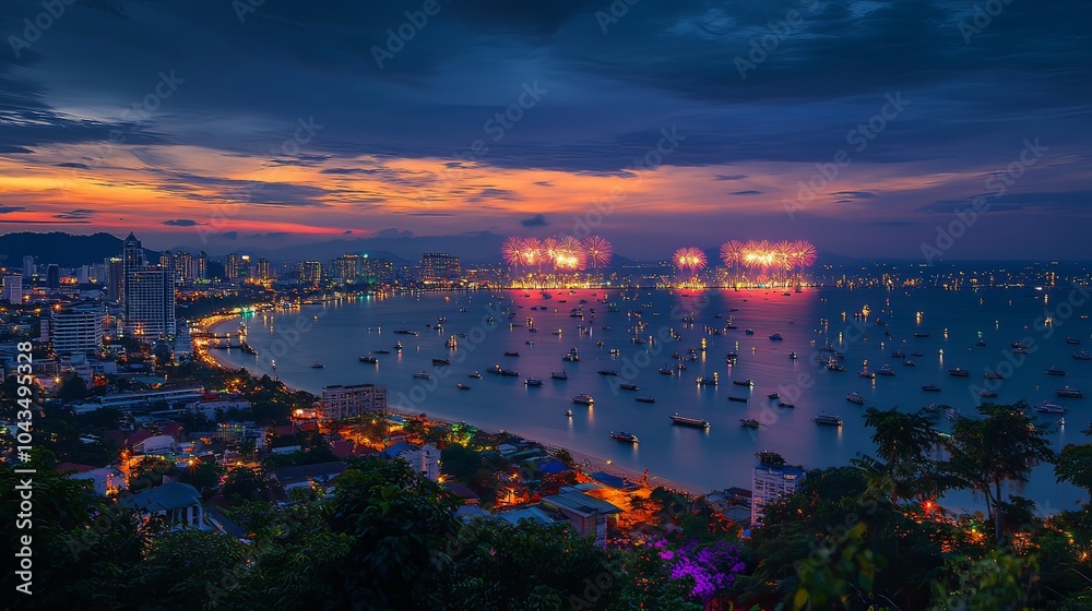 Obraz premium A stunning view of the fireworks festival from a nearby hill, providing a unique perspective of the colorful displays over Pattaya. 