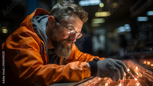 Wallpaper Mural A man in an orange jacket is working on a project with a lot of lights Torontodigital.ca