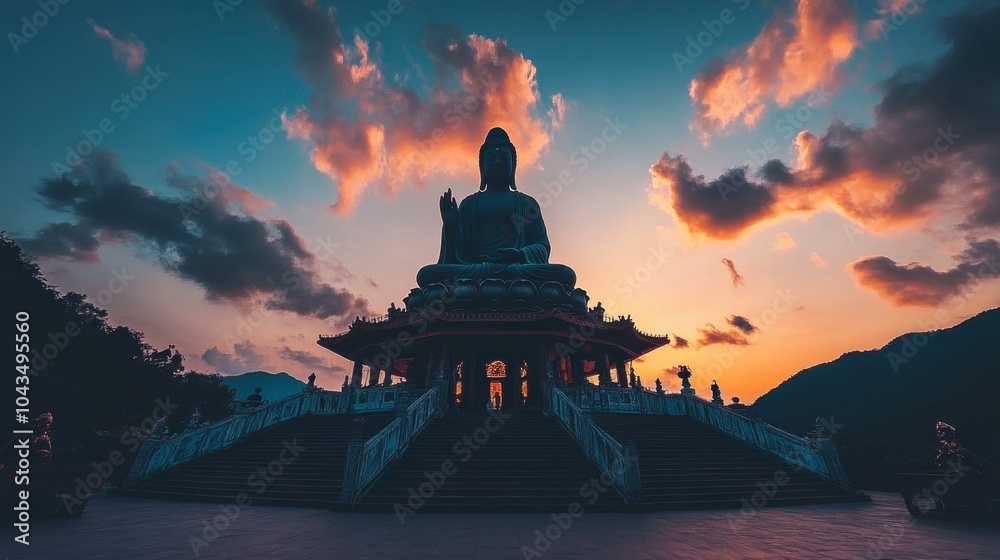 Serene Buddha Statue at Sunset with Dramatic Clouds Serene Buddha Statue at Sunset with Dramatic Clouds