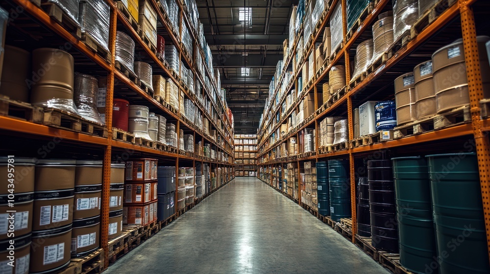 A long aisle in a warehouse with shelves stocked with various products. A long aisle in a warehouse with shelves stocked with various products.