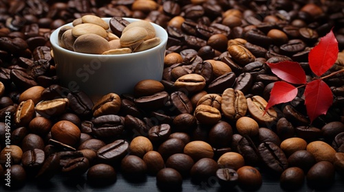 A bowl of coffee beans and a leaf on top of them