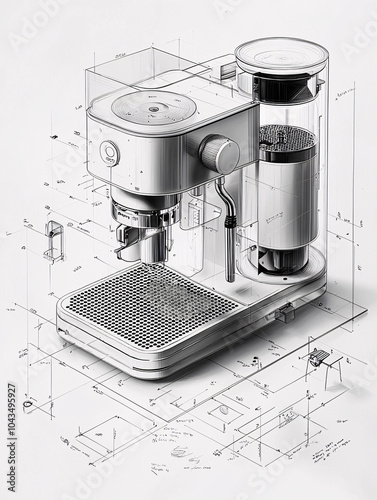 Modern Transparent Espresso Machine with Technical Blueprints, Detailed Rendering of Coffee Technology and Product Design photo