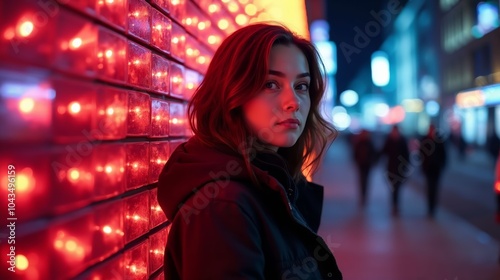 Portrait of a Young Woman in a Futuristic Cityscape with Red and Blue Neon Lights