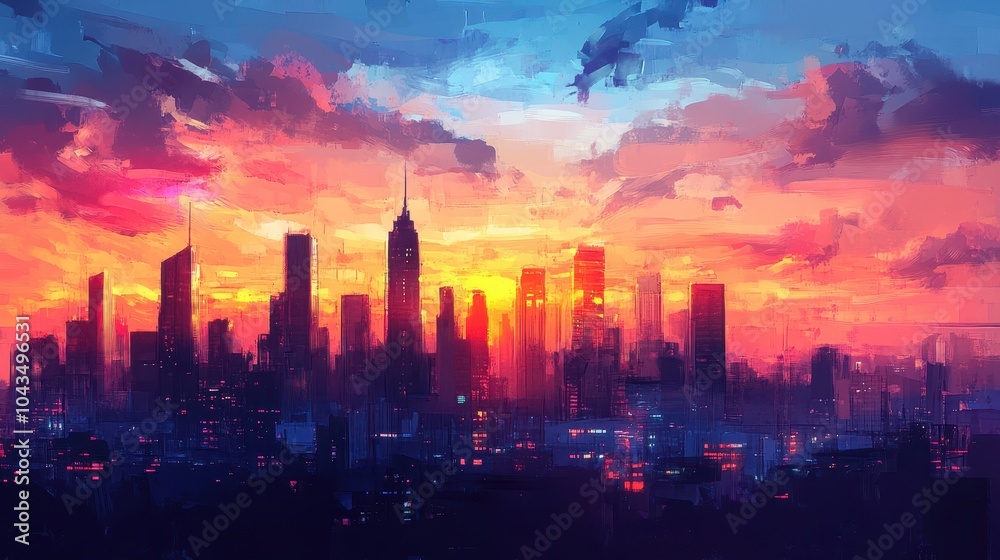 Fototapeta premium An urban landscape at sunset with silhouettes of skyscrapers, vibrant colors reflecting off the glass windows, and soft clouds scattered across the sky