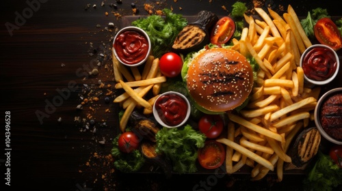 A plate of food with a burger, fries, and tomatoes