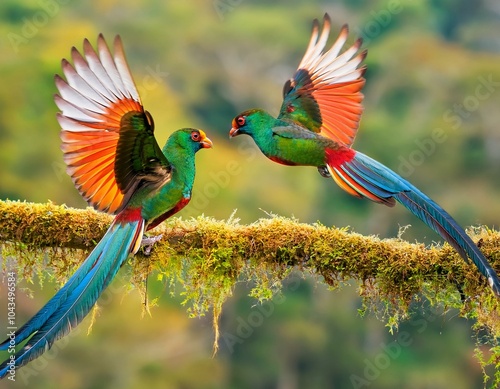Couple of Bee eater bird of Thailand sitting on tree limb on green background photo