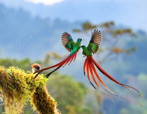 Couple of Bee eater bird of Thailand sitting on tree limb on green background photo