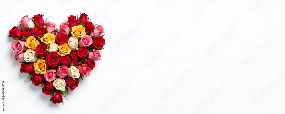 Heart made of red, yellow, white and pink roses on white background. Valentine's Day greeting card, advertising banner concept. Copy space Heart made of red, yellow, white and pink roses on white background. Valentine's Day greeting card, advertising banner concept. Copy space