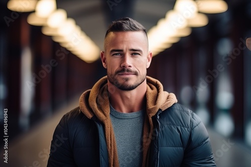 Portrait of a handsome young man in a blue jacket and brown sweater.