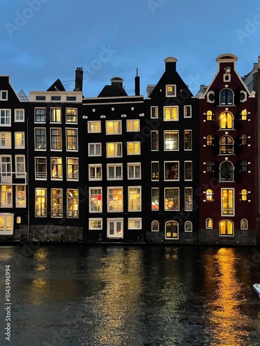 Photography houses at night in Amsterdam in winter