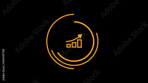 neon feauture modern graphic design .circular outline and inside circular outline .groth and progress depicted as a bar chart three virtical bars  design minimalistic visual striking emphasizing groth photo