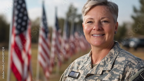 Portrait of a middle-aged female US Army veteran posing smiling against a backdrop of neatly lined up US flagpoles