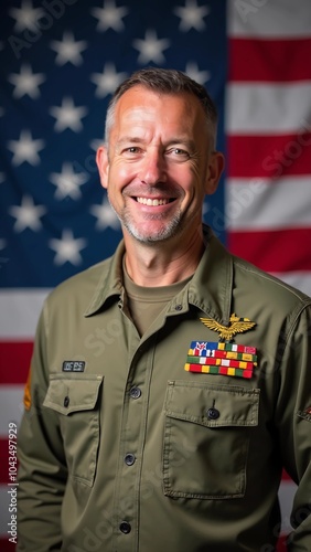 Portrait of a middle-aged US army veteran smiling posing against a patriotic flag background