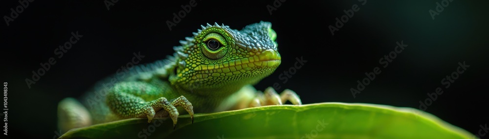 Green lizard perched on a leaf, showcasing vibrant colors and intricate textures, natural habitat focus. Green lizard perched on a leaf, showcasing vibrant colors and intricate textures, natural habitat focus.