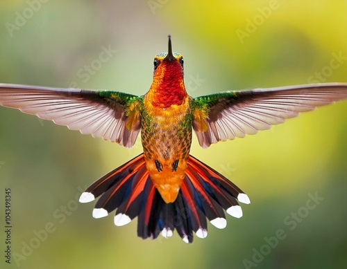 Male Ruby Topaz hummingbird hovering in a garden with a green bokeh background. photo