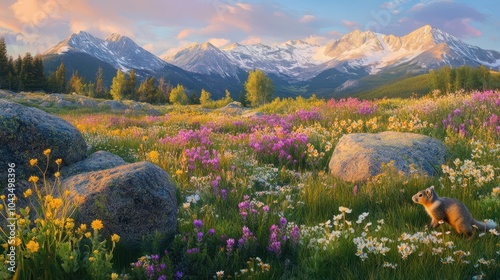 Subalpine Meadow in Peak Wildflower Bloom: A Vibrant Rainbow of Flowers Leading to Snow-Capped Peaks, Featuring Marmots on Granite Boulders. Stunning Nature Photography. photo