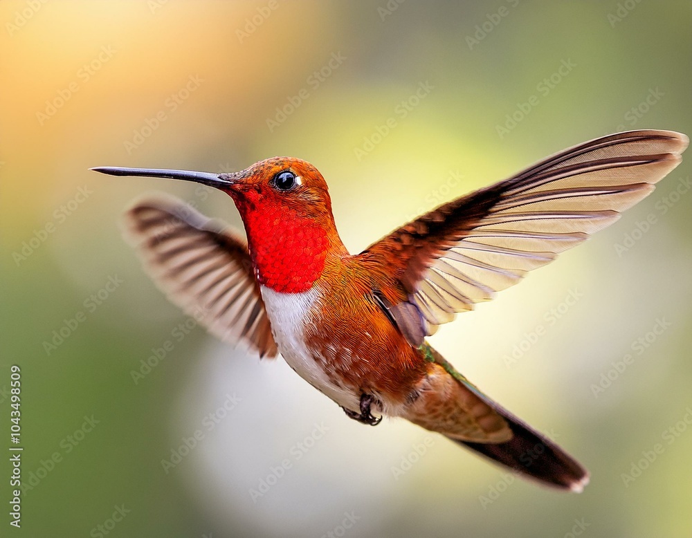 Fototapeta premium Male Ruby Topaz hummingbird hovering in a garden with a green bokeh background.