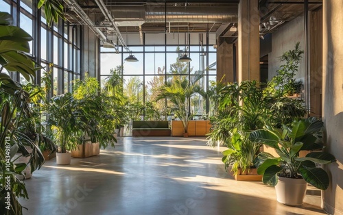 A contemporary office space adorned with various indoor plants, showcasing eco-friendly design elements and large windows that allow for ample natural lighting