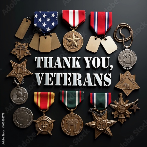 Veteran medals and symbols, THANK YOU, VETERANS is written in the center in metallic silver letters