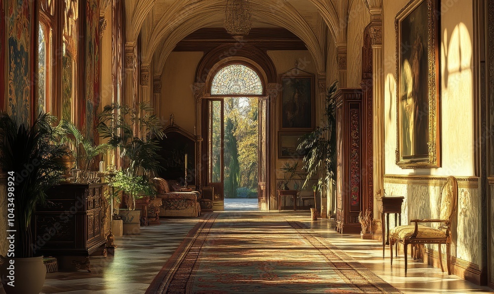Obraz premium Sunlit hallway with ornate details, arched doorway and plants.