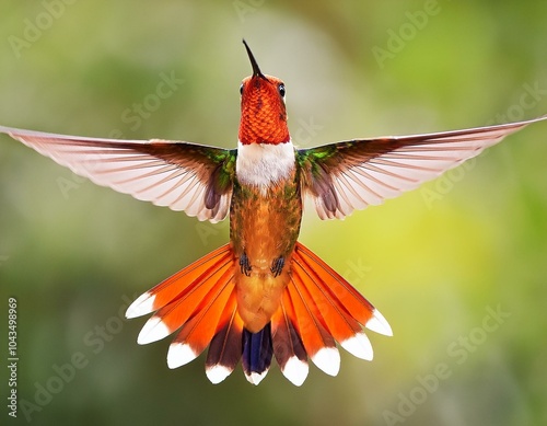 Male Ruby Topaz hummingbird hovering in a garden with a green bokeh background. photo