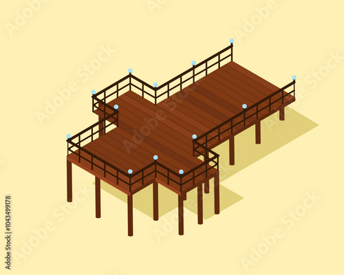 Wooden pier isometric vector illustration. Large wooden beach pier in isometric style. Vector illustration